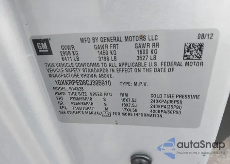 2012 GMC Acadia Sle из США, поврежденный, VIN 1GKKRPED8CJ395910